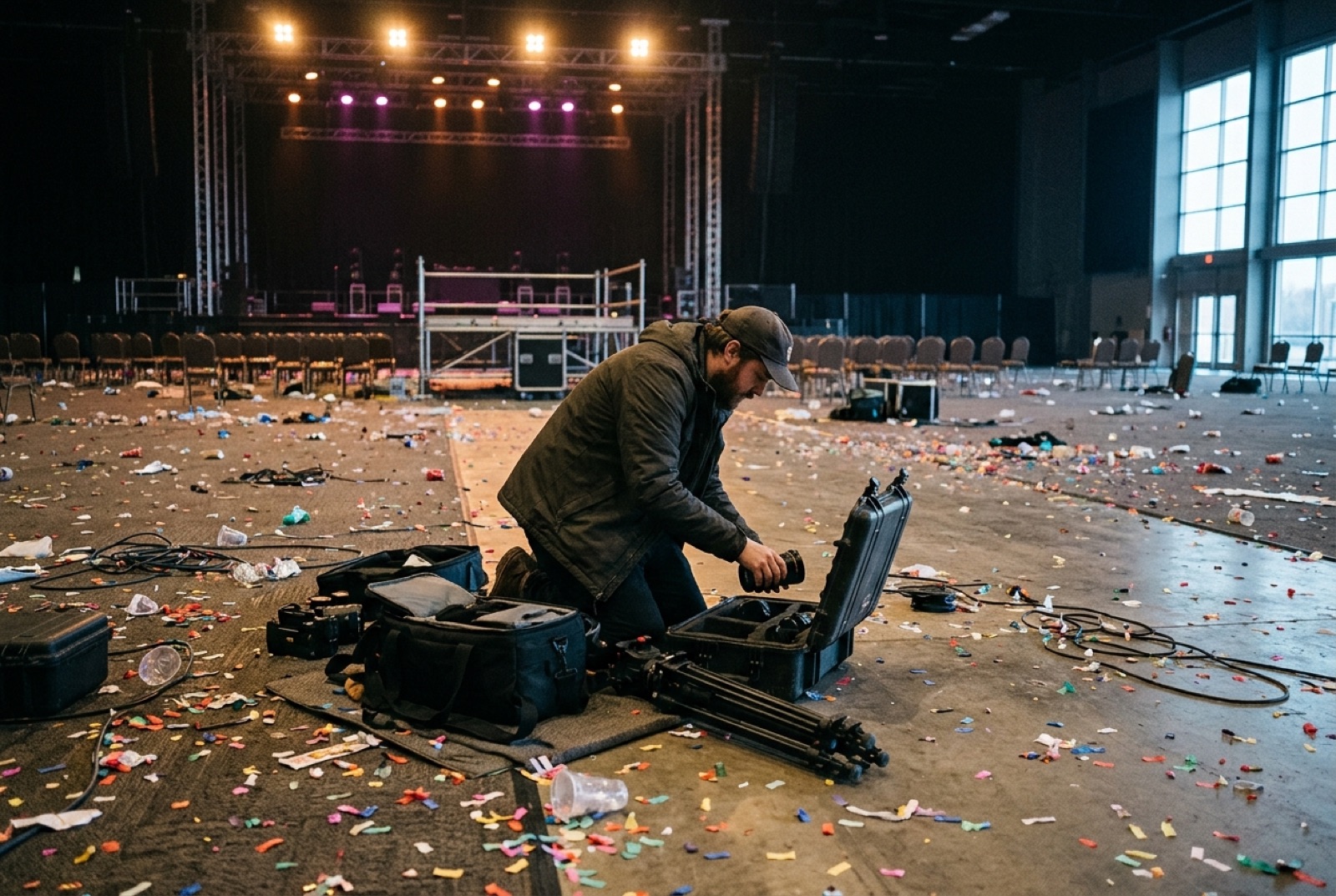 Lege eventlocatie in de vroege ochtend met confetti op de vloer, videograaf pakt zijn spullen in