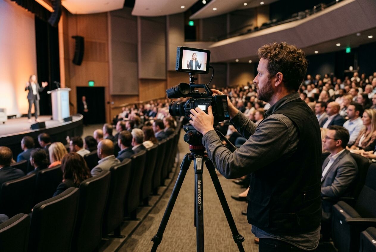 Videograaf met camera op statief die een zakelijk congres met podiumspreker en publiek vastlegt in een moderne congreszaal.