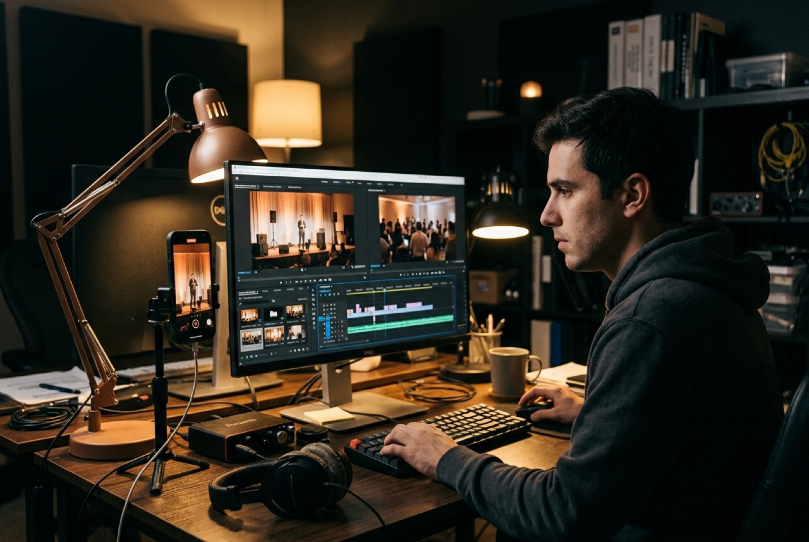 Editor monteert eventbeelden in de nacht, telefoon met verticale video naast het scherm